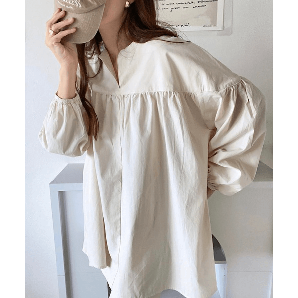 水洗棉A字型長版造型衫_米色