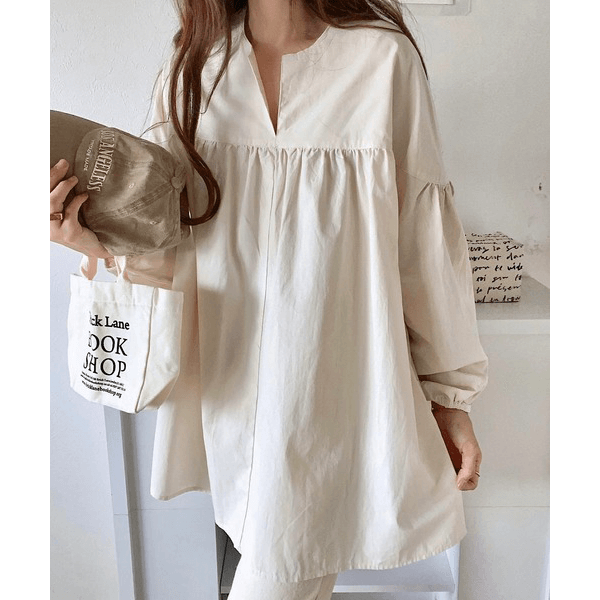 水洗棉A字型長版造型衫_米色