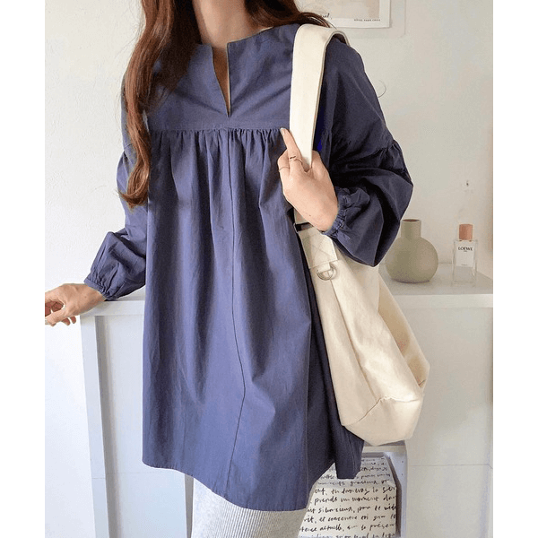 水洗棉A字型長版造型衫_海軍藍