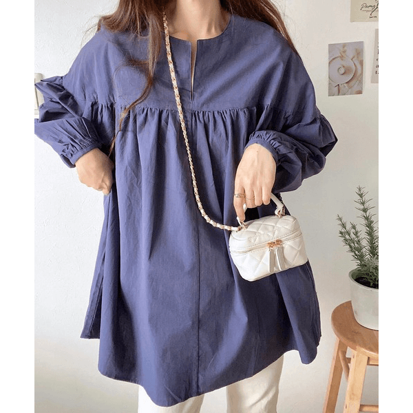 水洗棉A字型長版造型衫_海軍藍