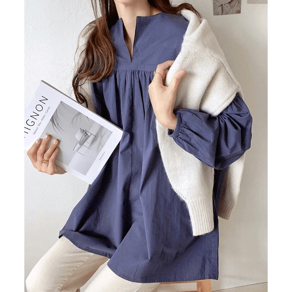 水洗棉A字型長版造型衫_海軍藍