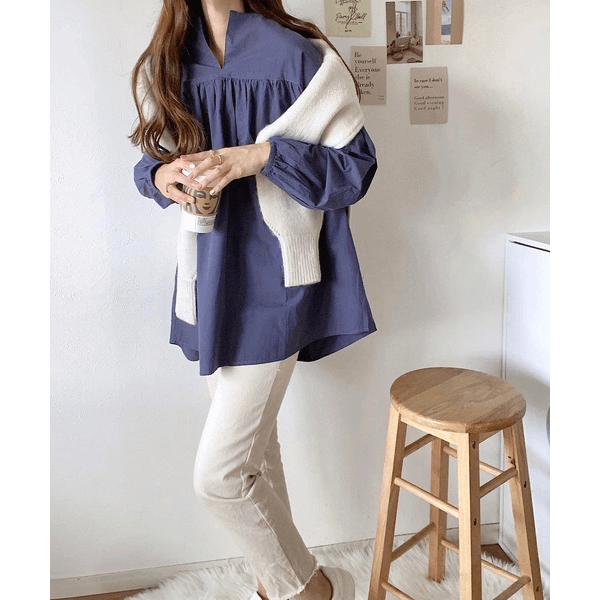 水洗棉A字型長版造型衫_海軍藍
