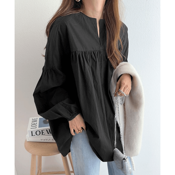 水洗棉A字型長版造型衫_黑