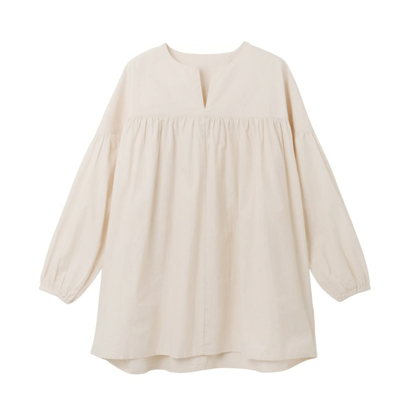 水洗棉A字型長版造型衫_米色