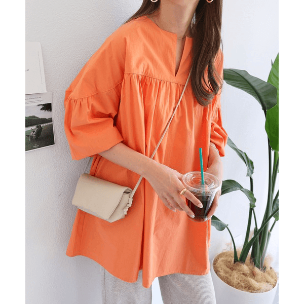 水洗棉A字型長版造型衫_橙色