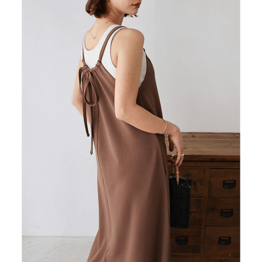無袖露背連身裙_咖啡
