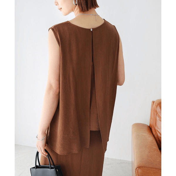 層次薄紗無袖襯衫_棕色