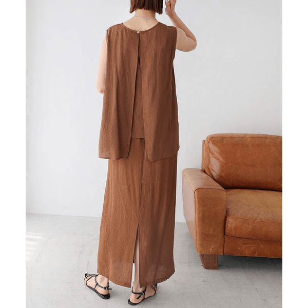 層次薄紗無袖襯衫_棕色