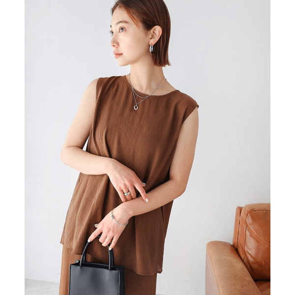 層次薄紗無袖襯衫_棕色