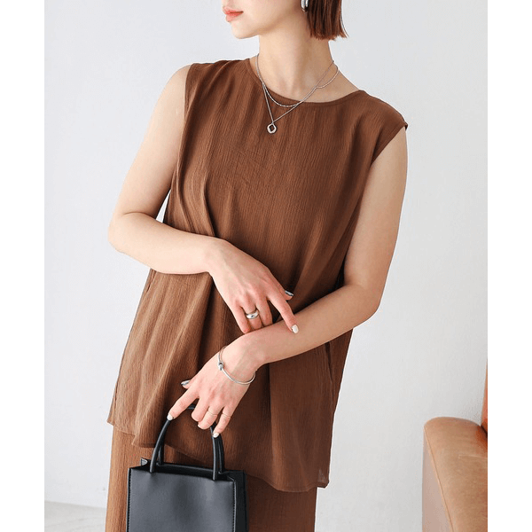 層次薄紗無袖襯衫_棕色