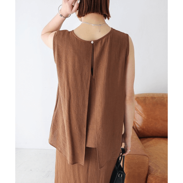層次薄紗無袖襯衫_棕色
