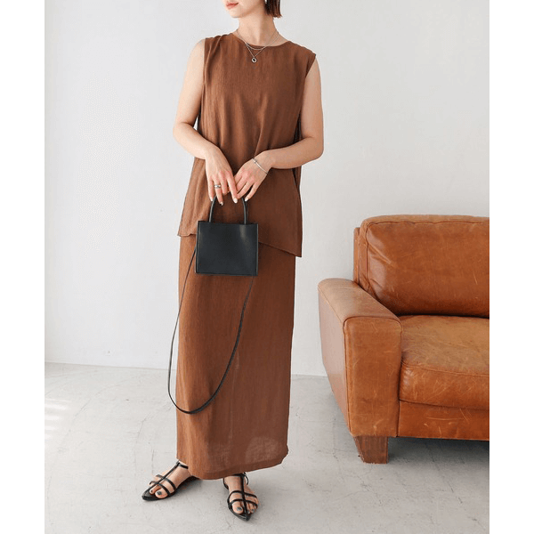 層次薄紗無袖襯衫_棕色