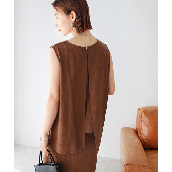 層次薄紗無袖襯衫_棕色