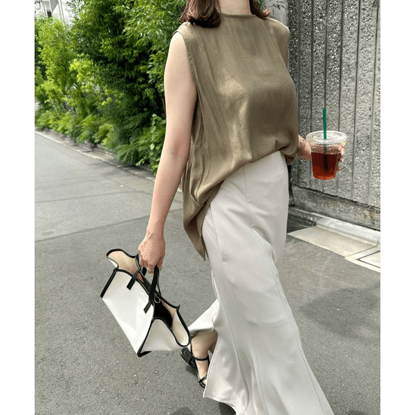 層次薄紗無袖襯衫_卡其色