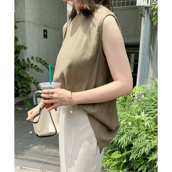 層次薄紗無袖襯衫_卡其色