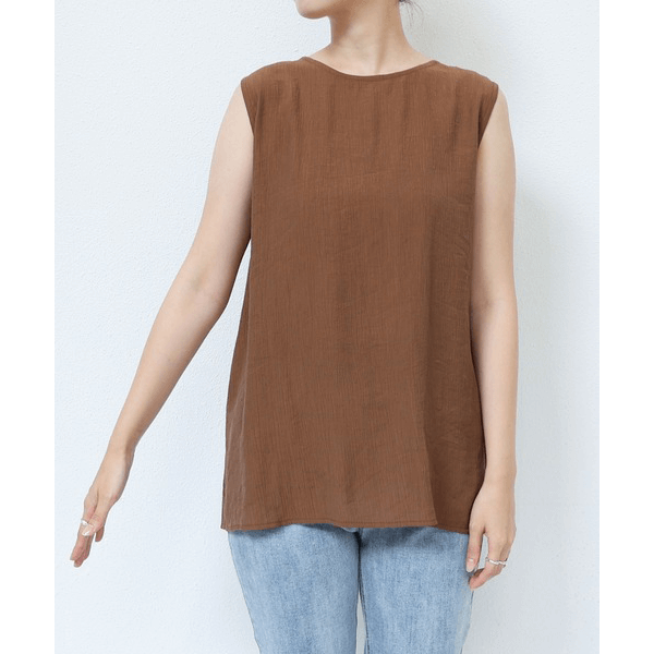 層次薄紗無袖襯衫_棕色