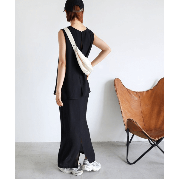 層次薄紗無袖襯衫_黑