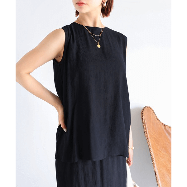 層次薄紗無袖襯衫_黑