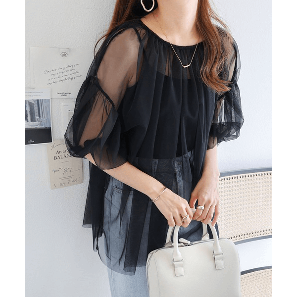 蓬蓬裙層次褶皺造型衫_黑