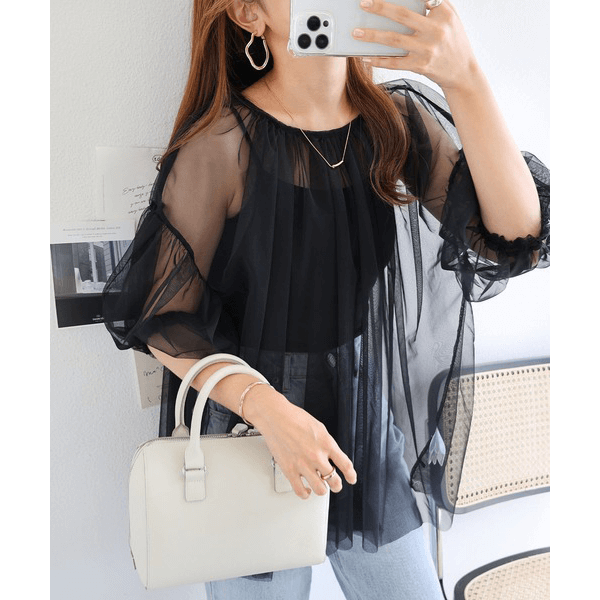 蓬蓬裙層次褶皺造型衫_黑