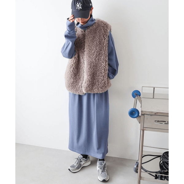 鬆緊針織領圓領長袖連身裙_淺藍