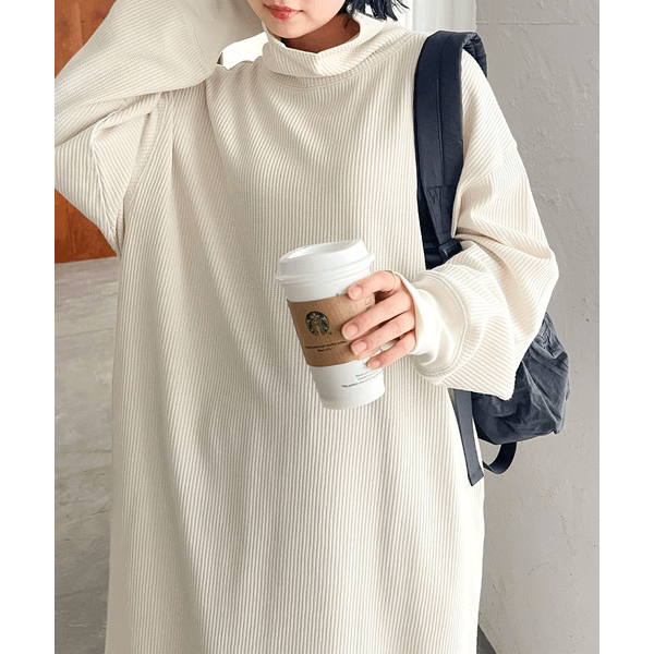 鬆緊針織領圓領長袖連身裙_象牙白