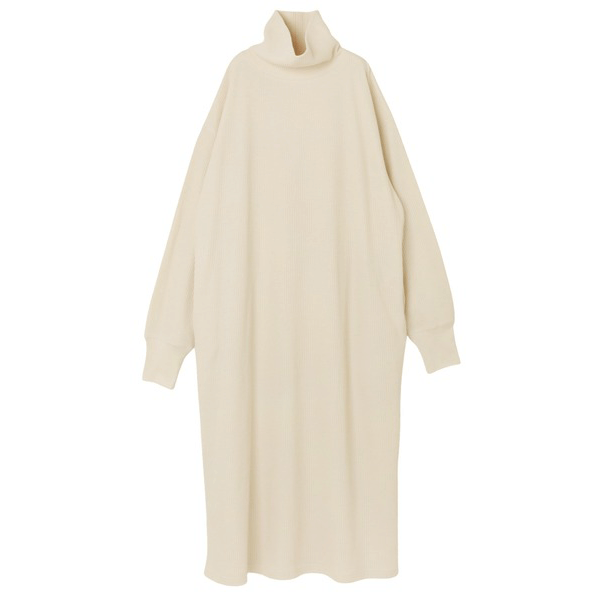 鬆緊針織領圓領長袖連身裙_象牙白