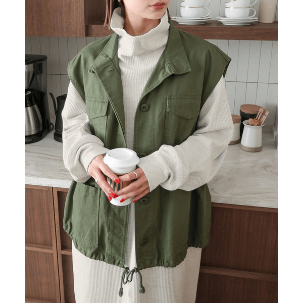 鬆緊針織領圓領長袖連身裙_棕色