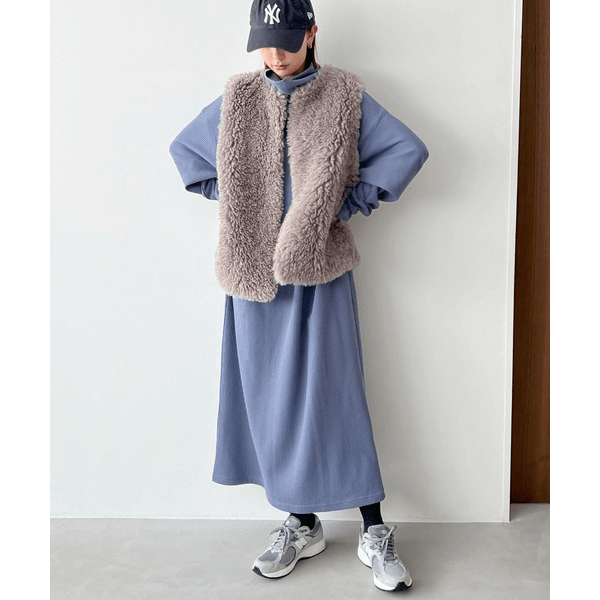 鬆緊針織領圓領長袖連身裙_淺藍