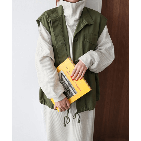 鬆緊針織領圓領長袖連身裙_象牙白