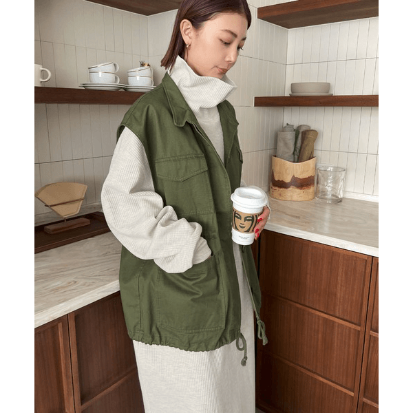 鬆緊針織領圓領長袖連身裙_象牙白