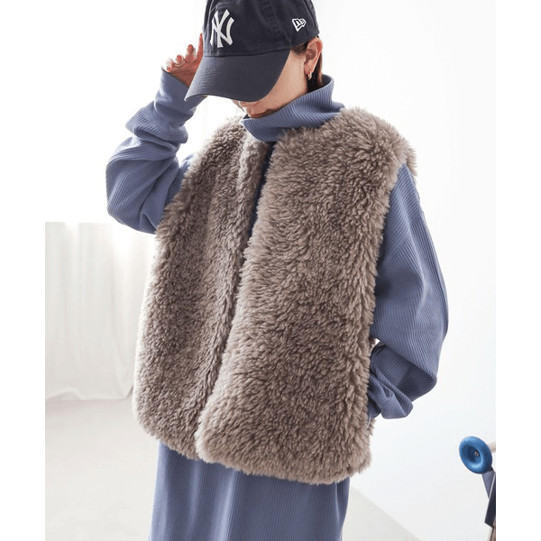 鬆緊針織領圓領長袖連身裙_淺藍