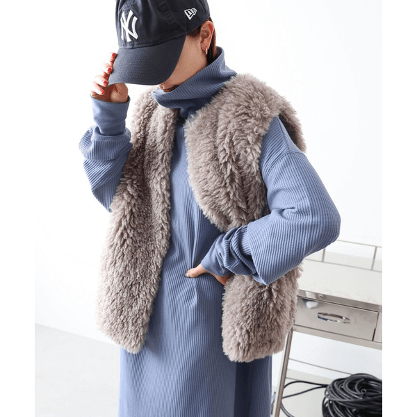 鬆緊針織領圓領長袖連身裙_淺藍