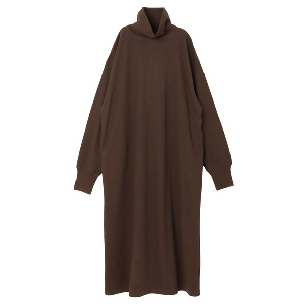 鬆緊針織領圓領長袖連身裙_棕色