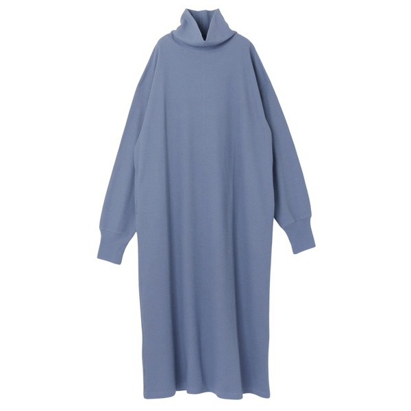 鬆緊針織領圓領長袖連身裙_淺藍