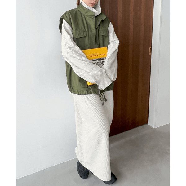 鬆緊針織領圓領長袖連身裙_象牙白