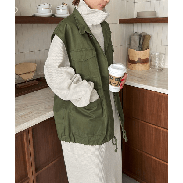 鬆緊針織領圓領長袖連身裙_象牙白