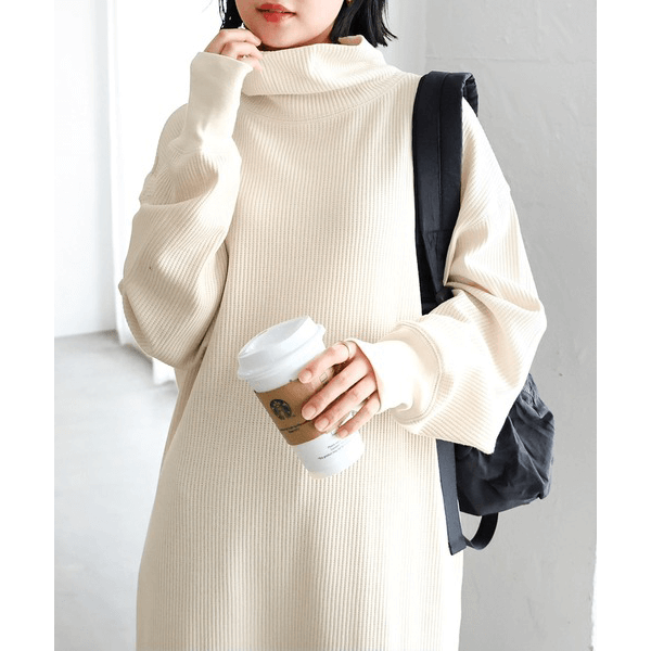 鬆緊針織領圓領長袖連身裙_象牙白